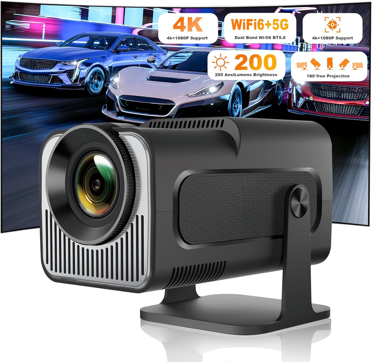 ENUOSUMA Mini Projector,Support 4K 1080P Portable Projector with Dual Band WIFI6 Bluetooth 5.0 Android 11, 200 ANSI Lumens, 180° Rotatable, Auto Keystone Correction, 85"-130" Screen Video Projector