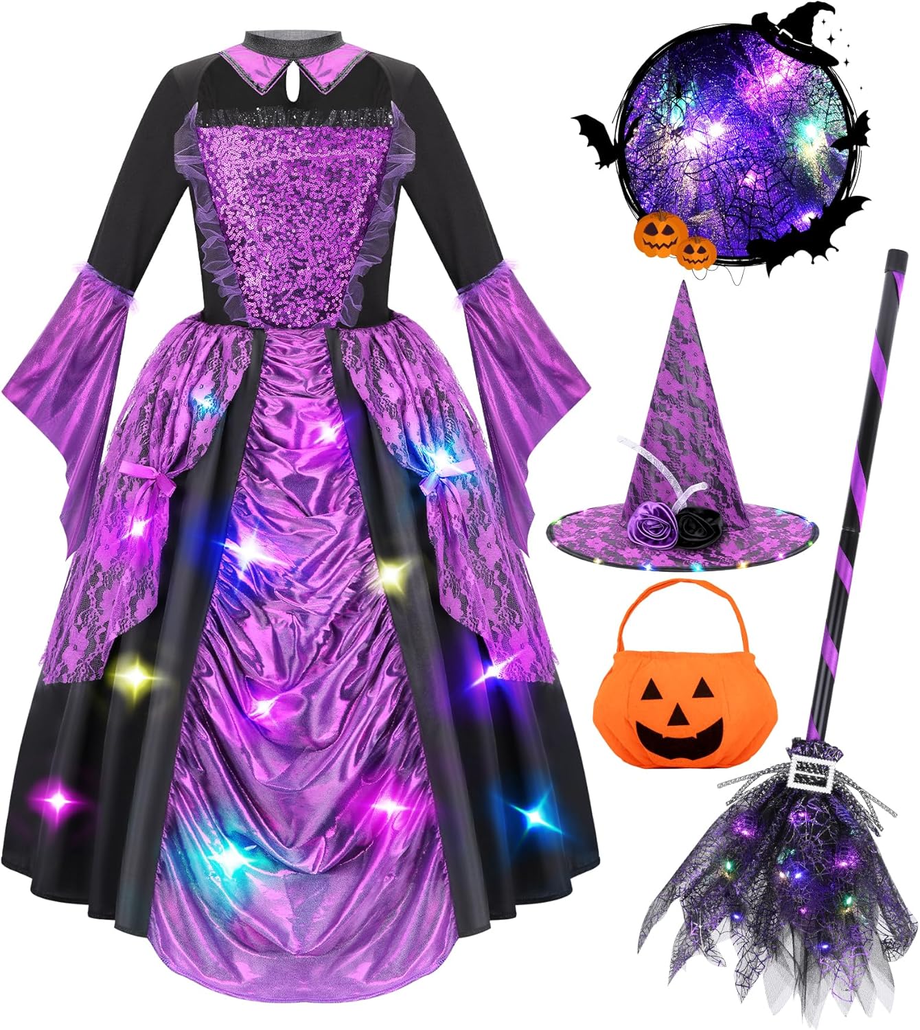 MELAND Witch Costume Kids, Halloween Costumes for Kids With Light Up Witch Hat & Broom for Girls Aged 3 to 10 Years Old