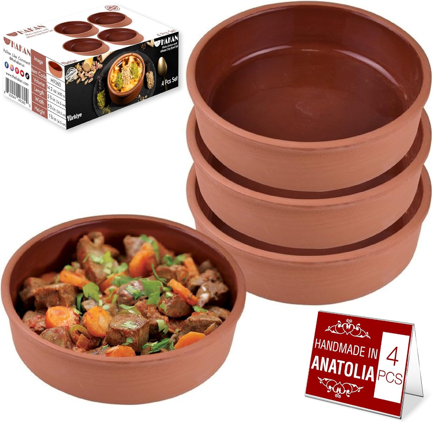 Hakan Athens Clay Bowl Set of 4, Terracotta 5.7-inch Bowls, 14.2 Oz Ancient Pottery, Glazed Inside Cooking Clay Bowls in Box, Turkish Clay Yogurt Pots, Earthenware for Mexican Dishes, 4 Pcs, 420 cc