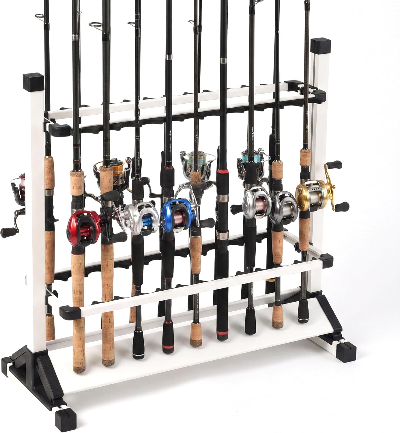 24-Rod Aluminum Alloy Rolling Fishing Pole Holder, Rustproof Fishing Rod Rack with 360° Lockable Wheels, Multi-Functional Storage Organizer for Garage & Home, Fits Most Rods & Golf Clubs (White)