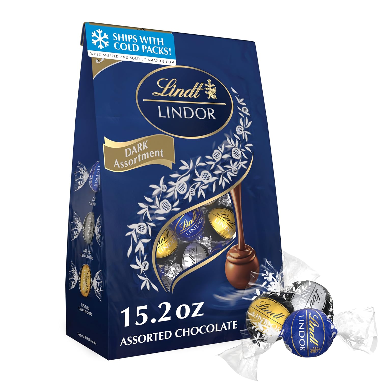 Lindt LINDOR Assorted Dark Chocolate Candy Truffles, Assorted Chocolate with Smooth, Melting Truffle Center, 15.2 oz. Bag
