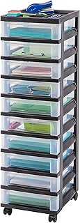 IRIS USA Plastic Drawer Storage Organizer Rolling Cart with Wheels Casters 10-Drawers for Classroom Art Craft Supplies Dresser Closet Bathroom Dorm Bedroom Laundry Room Black/Clear