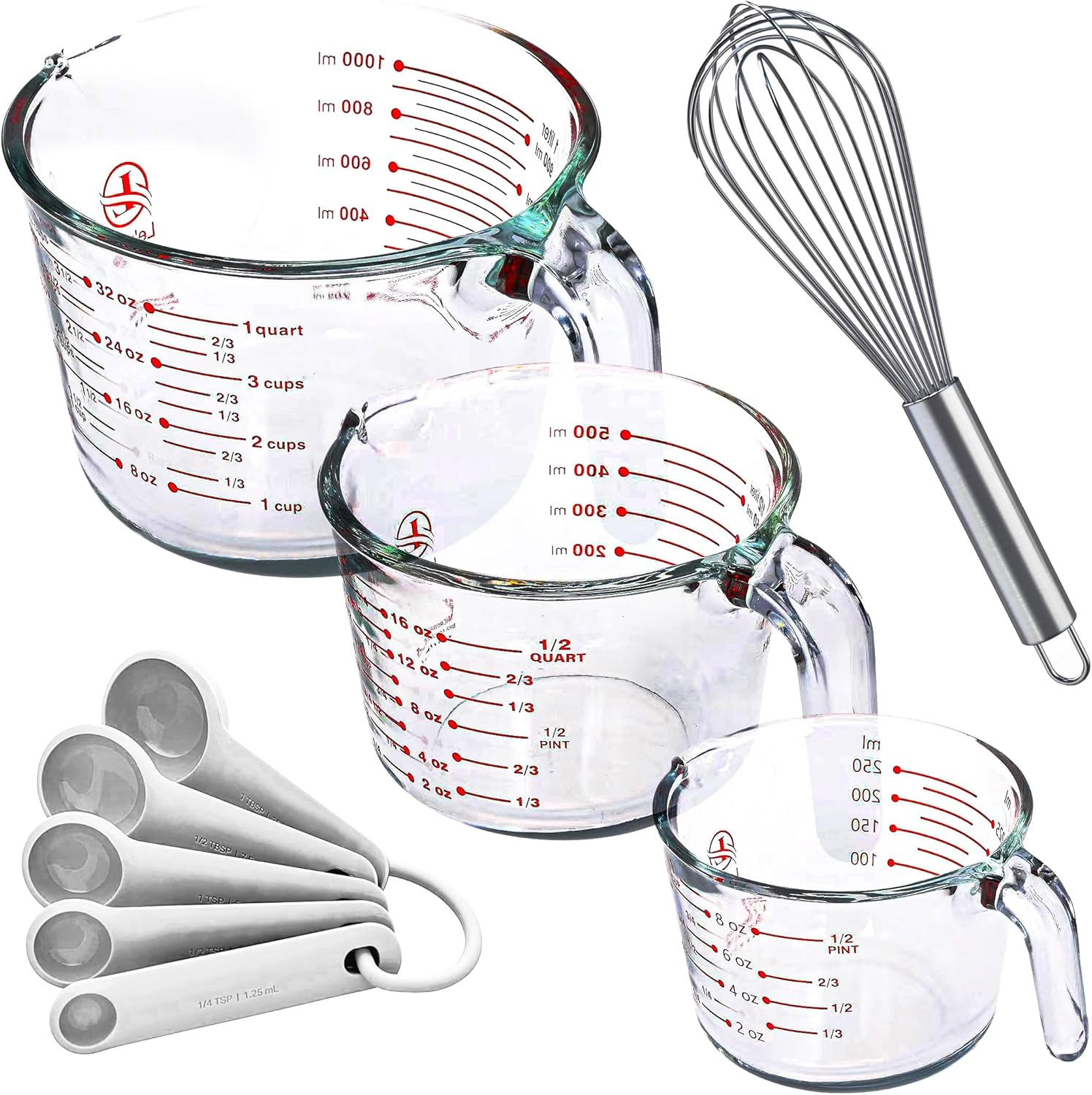 Set of 3 Glass Measuring Cups with Measuring Spoons & Whisk - Kitchen Mixing Bowl Liquid Measure Cup, Glass Bakeware. 1 cup, 2 cup, 4 cup.