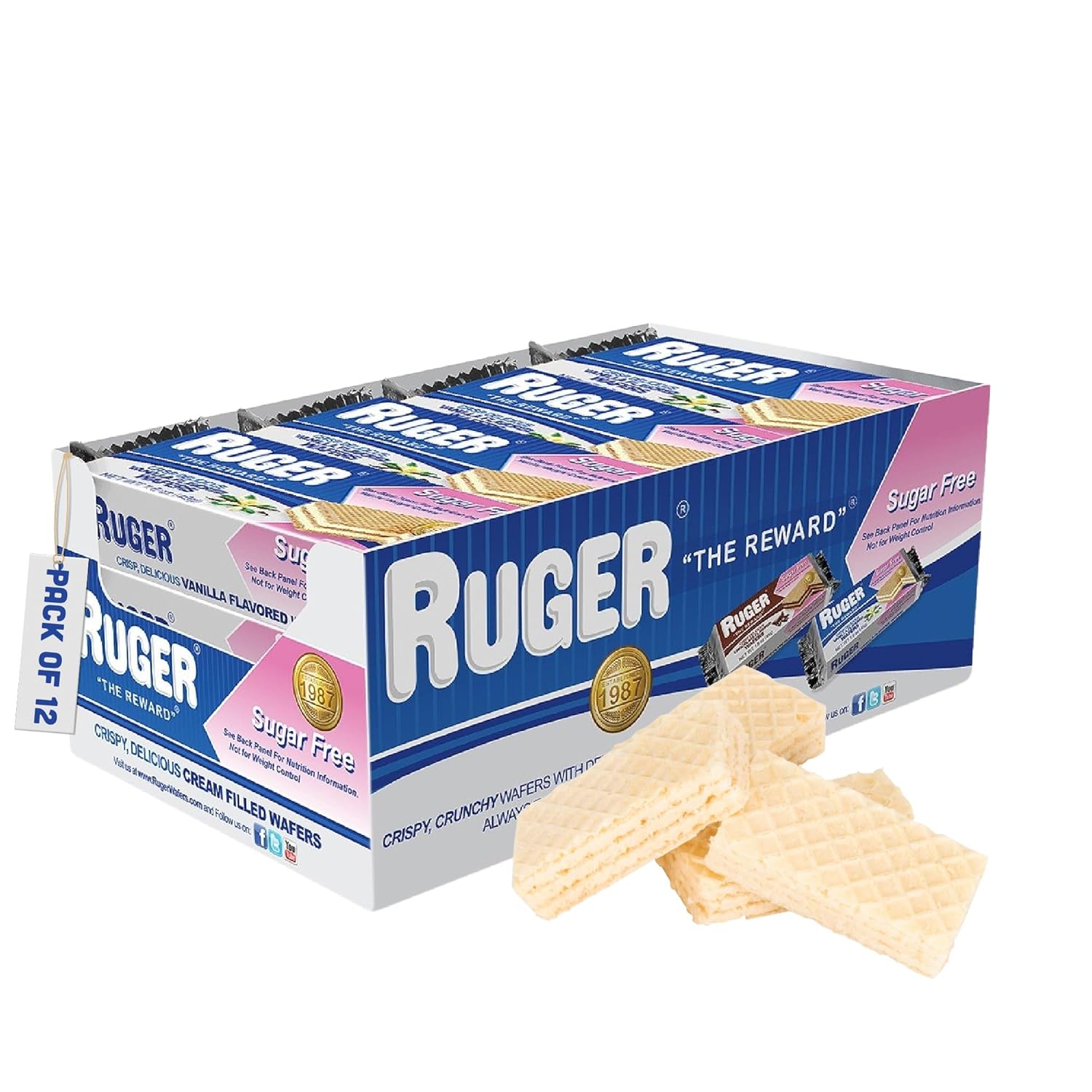 RUGER Sugar-Free Vanilla Wafers 1.6 Ounce (Pack of 12) - Delightfully Crisp & Creamy Treats - Natural Ingredients, Non-GMO, Vegan, No Artificial Colors/Flavors - Ideal for Desserts & Everyday Snacking