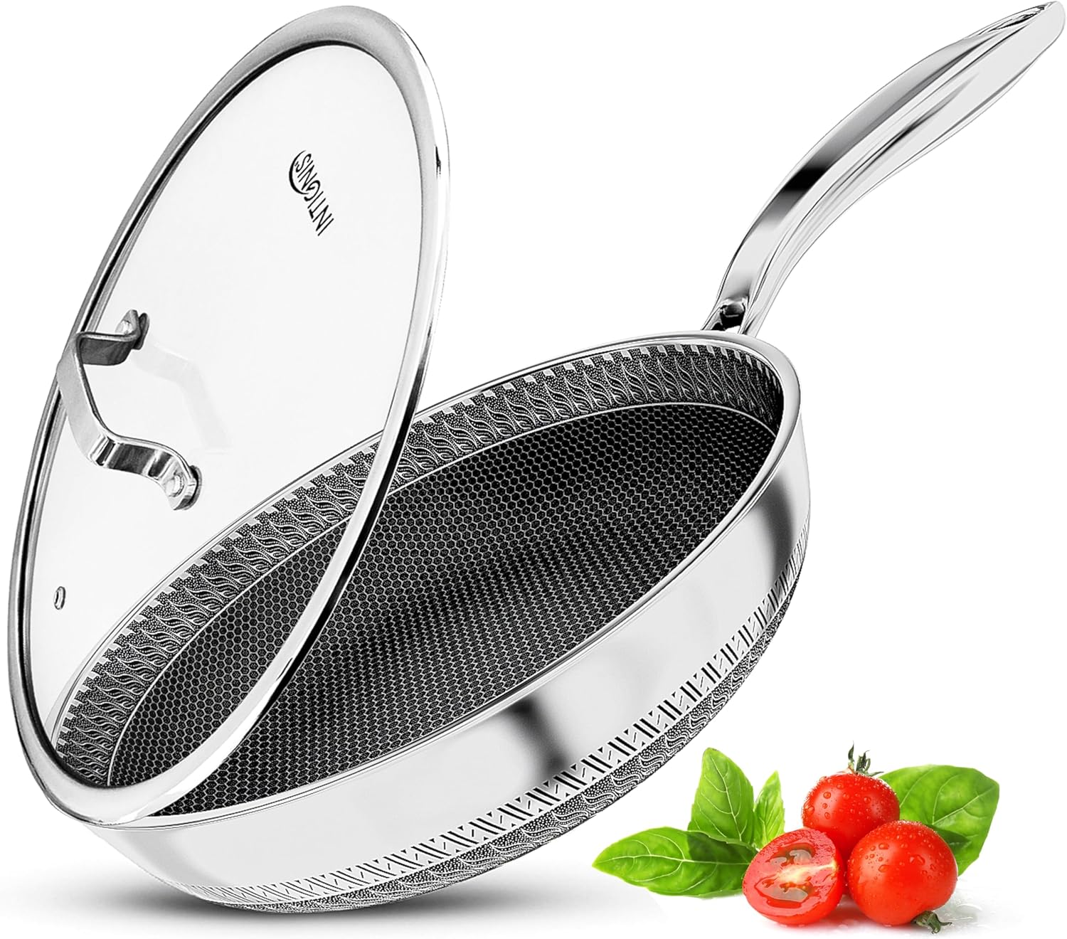 INTIGNIS® Premium Frying Pan with Lid – 30cm/ 12 Inches – Non-Stick | Scratch Resistant | Extra Deep Large | Chemical Free | Stainless Steel Skillet | Honey Comb Hybrid Pan