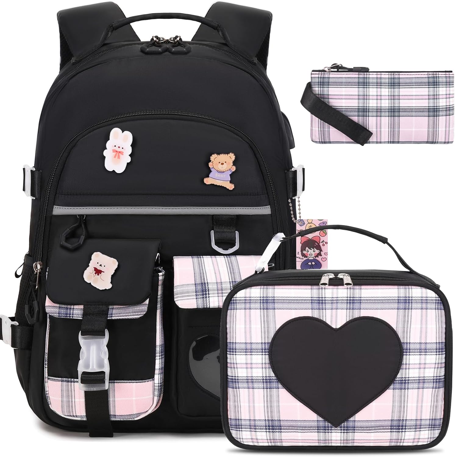 Backpack for Girls - Bookbag Backpacks Schoolbag for Girls Kids Teen Women Casual Travel Daypacks - School Bag Elementary Middle School College Cute Backpack with Lunch Box (Black)