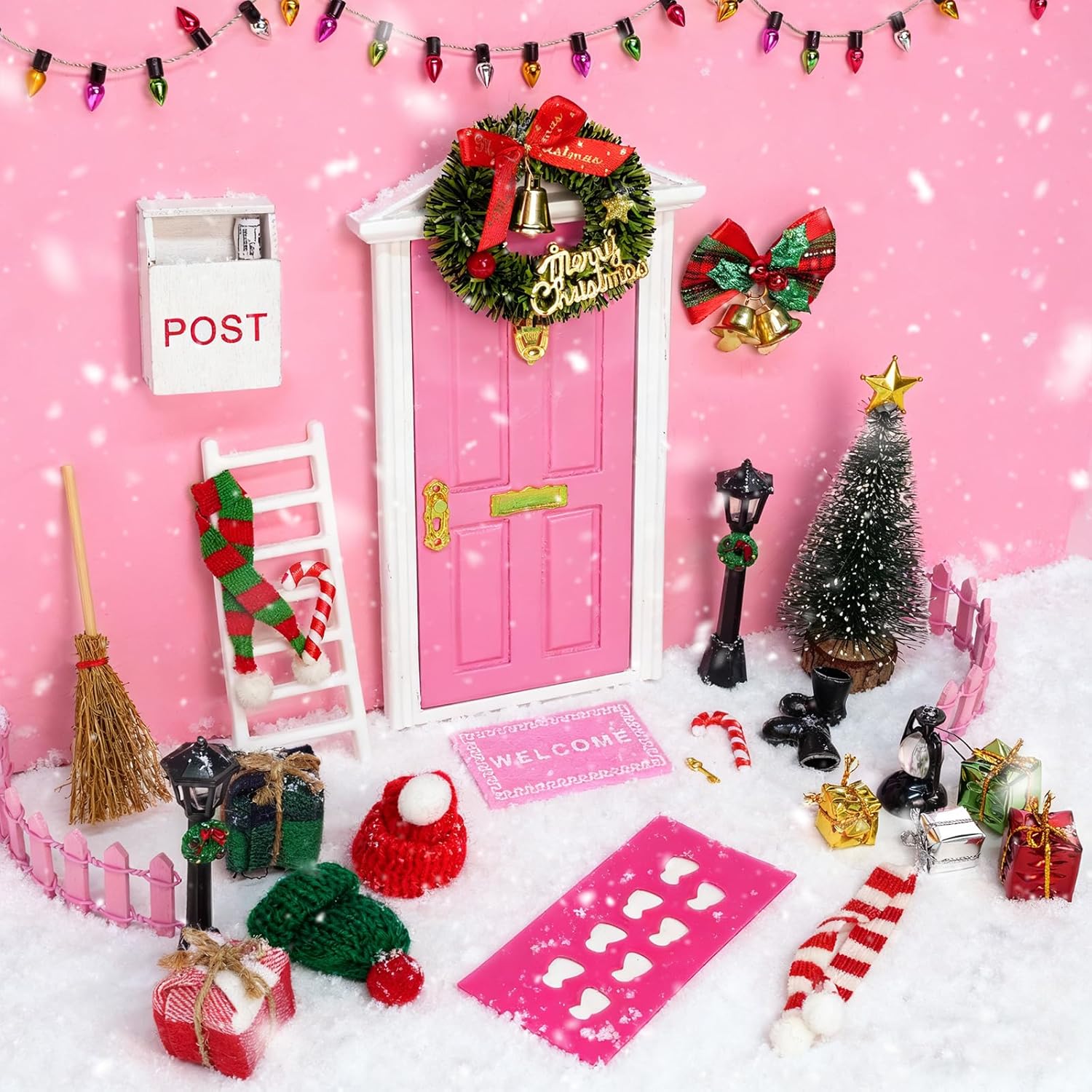 Bbiamsleep 31 Pcs Christmas Elf Fairy Door Kit Tiny Wooden Miniature Fairy Doors with Christmas Decoration Accessories for Mini House Xmas Decor(Pink)