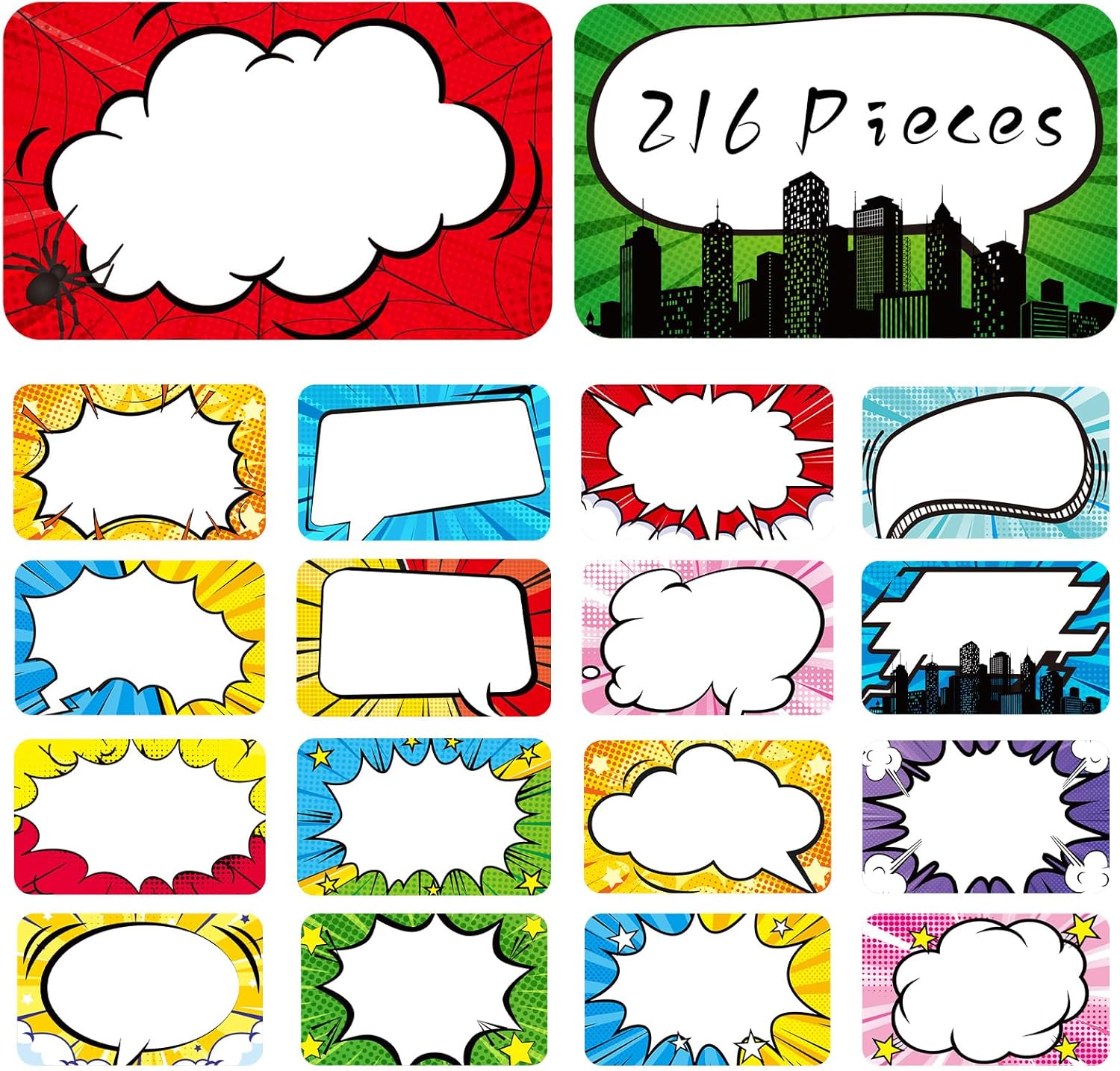 FindFunFine Superhero Name Tags Labels Stickers 216 Counts Colorful Large Nametags Name Badge Labels Sticker for Themed Party Family Home School Office
