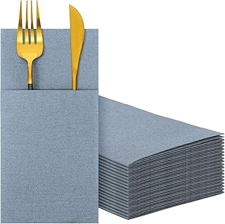 Seajan 35 Pieces Pocket Napkins, Linen Feel Napkins, Disposable Airlaid Paper Napkins Prefolded Dinner Napkins with Built in Flatware Pocket for Silverware Wedding Party(Dusty Blue)
