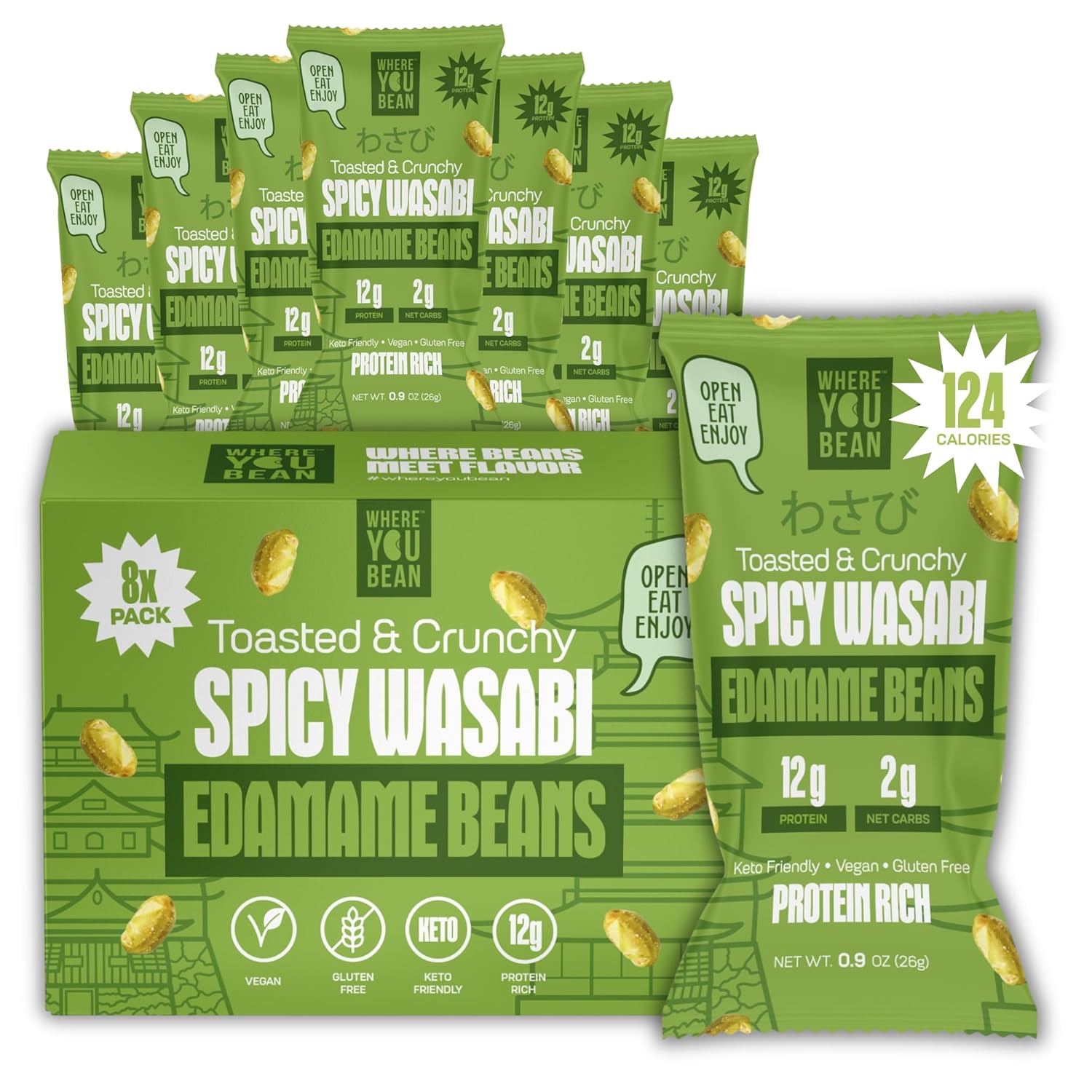 Where You Bean Edamame Beans Snack (Spicy Wasabi) - Crunchy and Dry Roasted Edamame Beans - High Protein Snacks, Keto and Vegan Healthy Snacks for Adults & Low Carb Asian Snack 0.9 oz (Pack of 8)