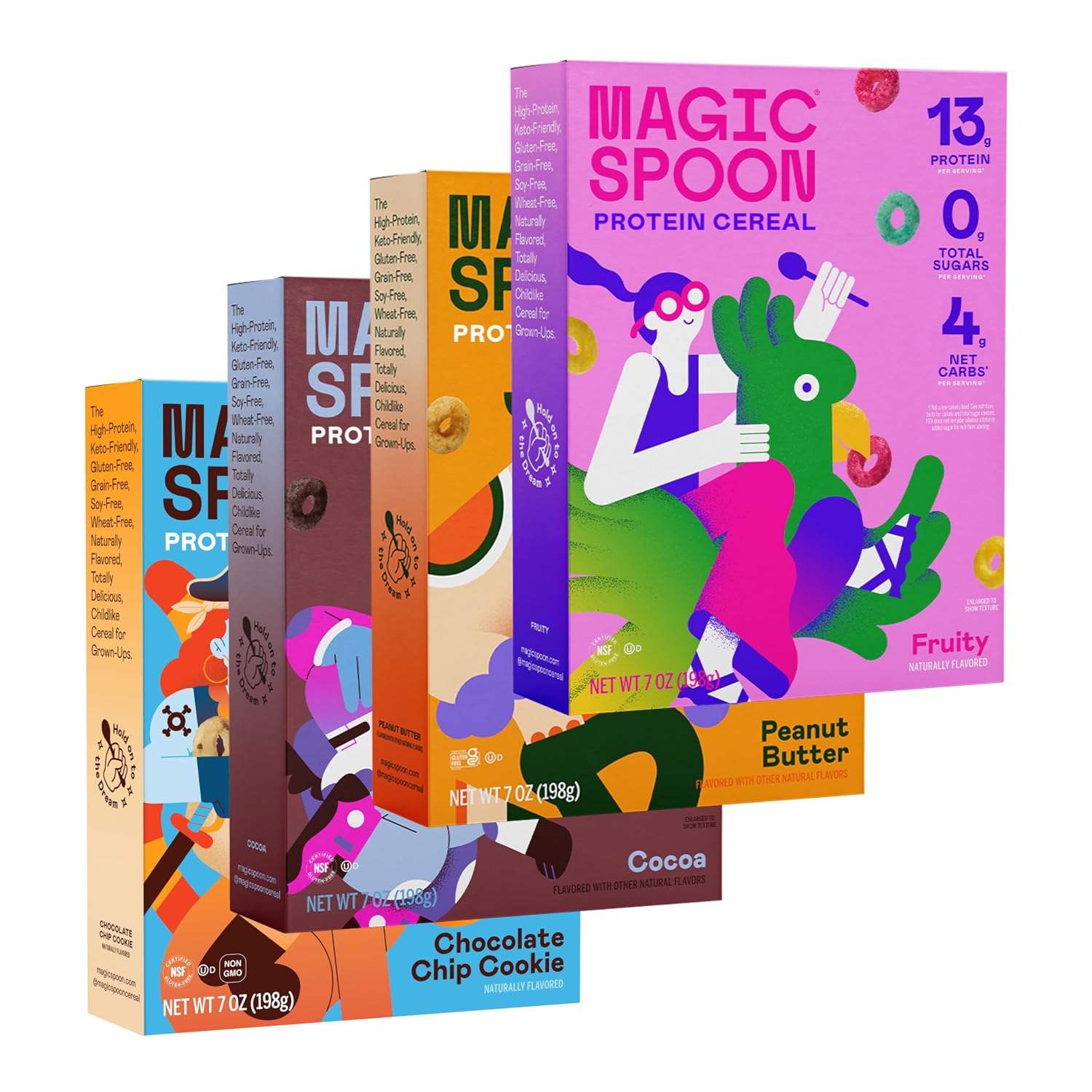 Magic Spoon High Protein Cereal Variety 4 Pack - Keto & Gluten Free | Fruity, Cocoa, Chocolate Chip & Peanut Butter, sugar free snacks & breakfast food, grain free, low carb