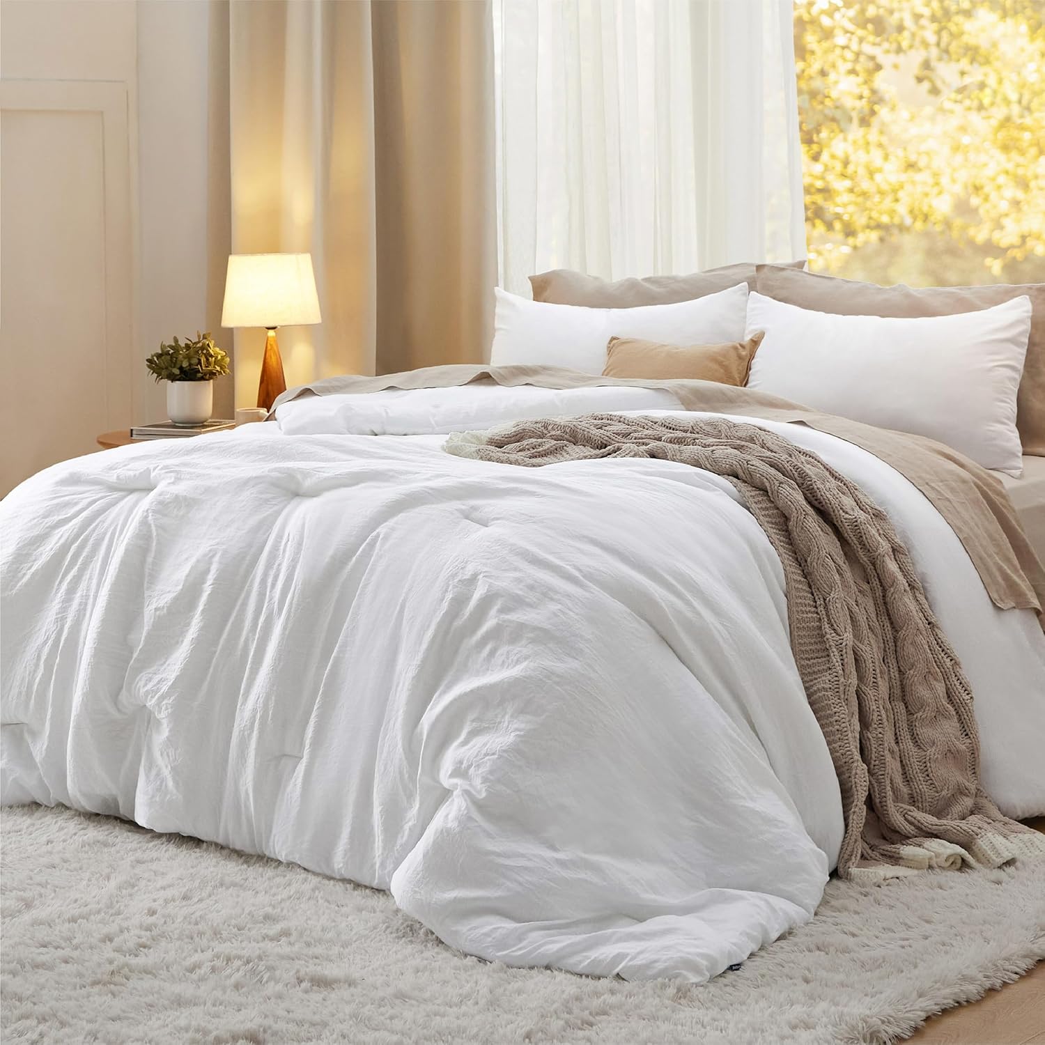 Bedsure King Size Comforter Set, White Soft Prewashed Bedding for All Seasons, 3 Pieces GentleSoft™ Warm Down Alternative Bed Set, 1 Lightweight Comforter (104"x90") and 2 Pillowcases (20"x36")