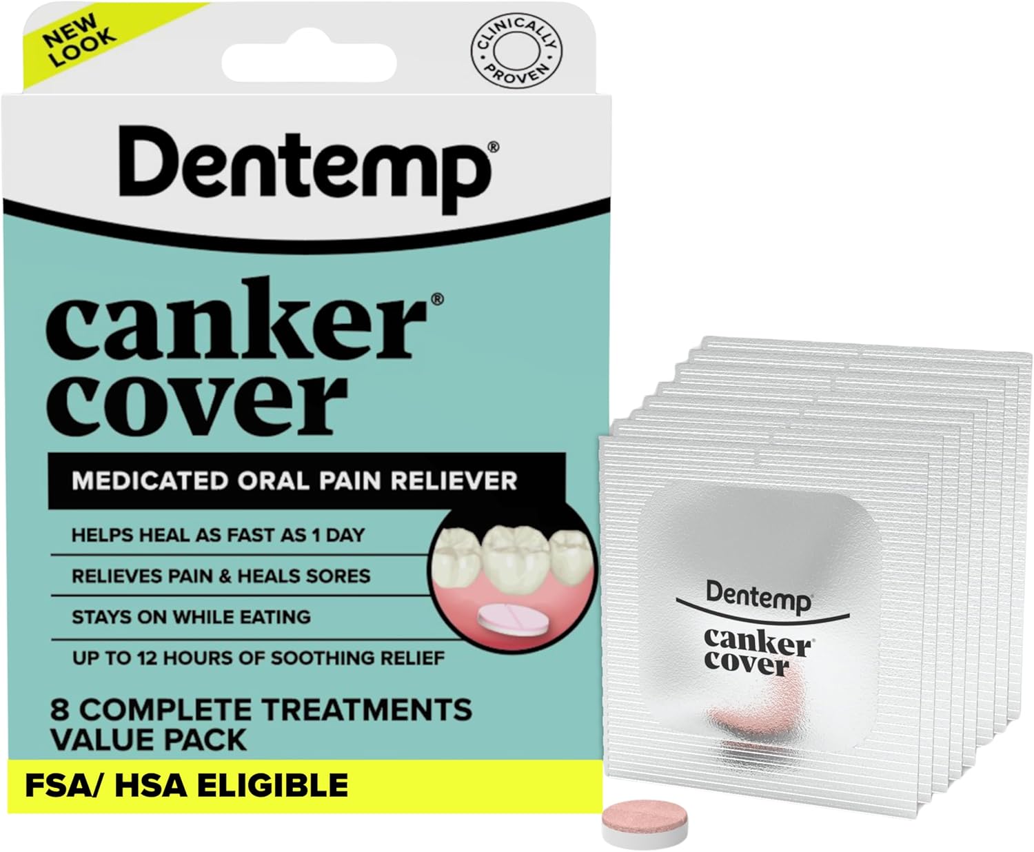 Dentemp Canker Cover Mouth Sore Treatment - Oral Pain Relief for Canker Sores & Mouth Irritation - Fast-Acting Pain Relief Tablets for Adults - Value Pack of 1 (8 Count)