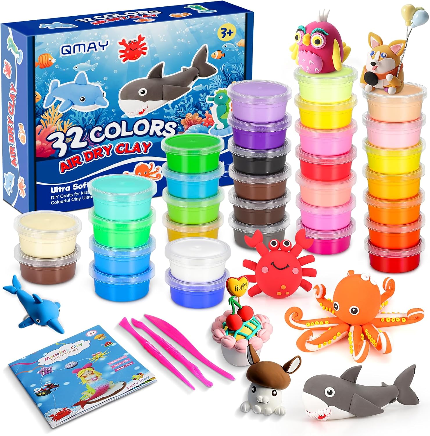 QMAY 32 Colors Air Dry Clay Kit – Ultra Light Magic Modeling Clay for Kids, DIY Craft Dough, Creative Art Supplies for Boys & Girls