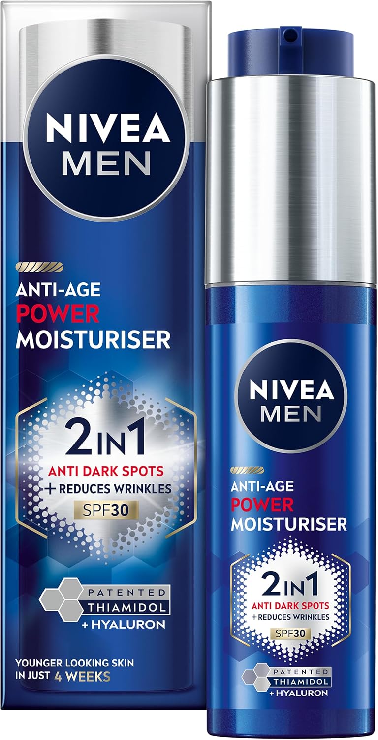 NIVEA MEN Anti-Age 2in1 Power Moisturiser (50ml), With SPF 30, Thiamidol, and Hyaluronic Acid for Sun Protection, Dark Spot Prevention, and Younger-Looking Skin