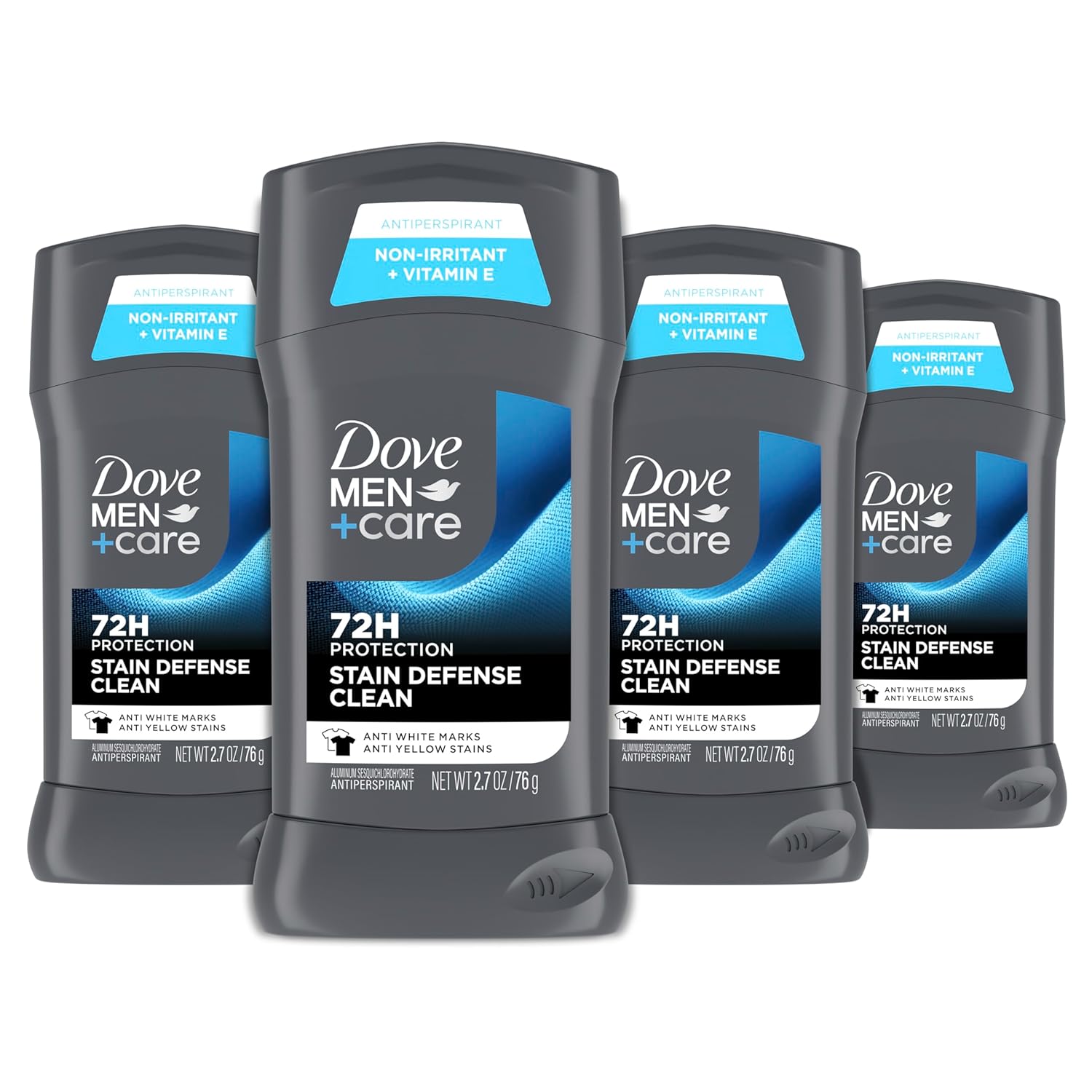 Dove Men+Care Deodorant Stick 4 Count Stain Defense Clean for Men, Anti-white Marks & Anti-yellow Stains with 72-hour Sweat and Odor Protection 2.7 oz