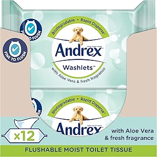 Andrex Washlets Toilet Wipes Flushable, Aloe Vera Fragrance, Certified 'Fine to Flush', Plastic Free & Biodegradeable, 12 Moist Toilet Tissue Packs