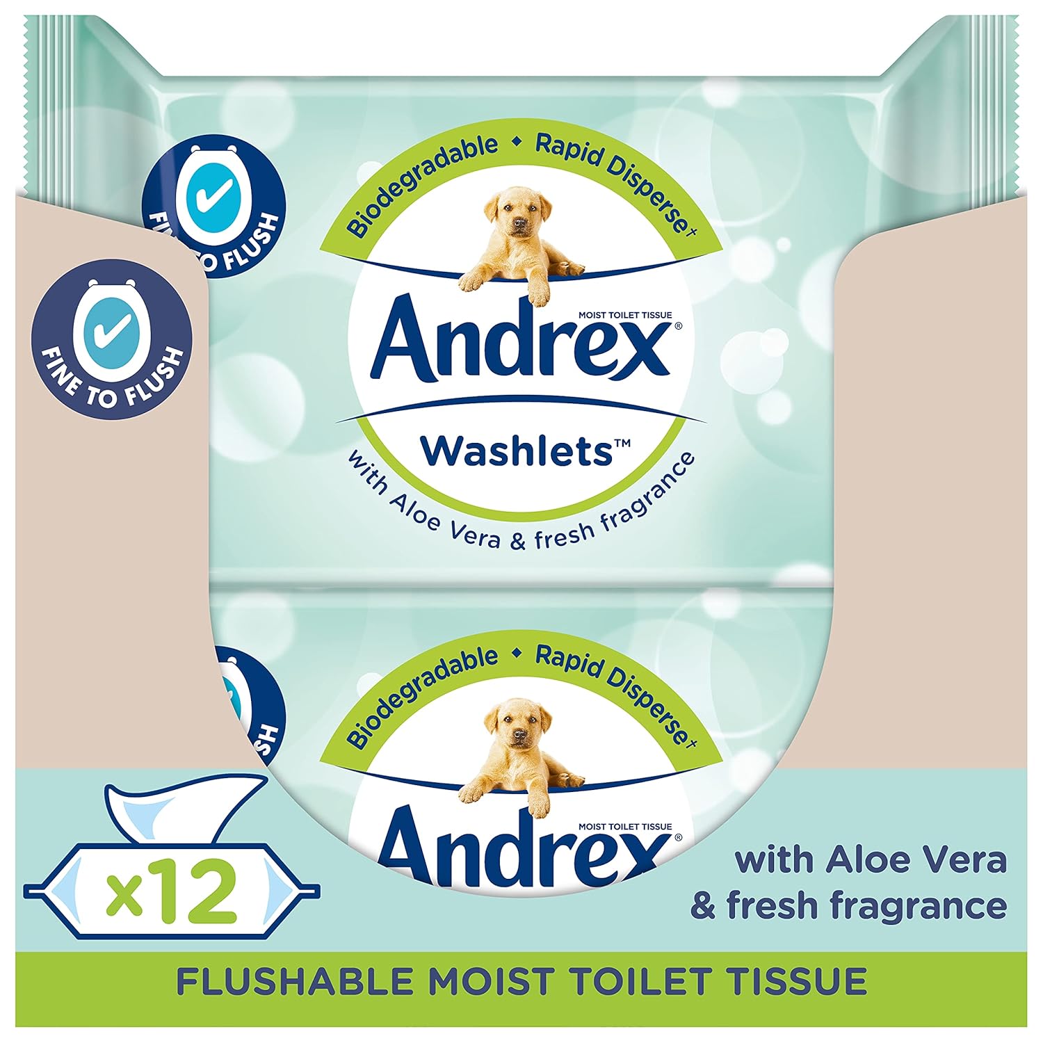 Andrex Washlets Toilet Wipes Flushable, Aloe Vera Fragrance, Certified 'Fine to Flush', Plastic Free & Biodegradeable, 12 Moist Toilet Tissue Packs