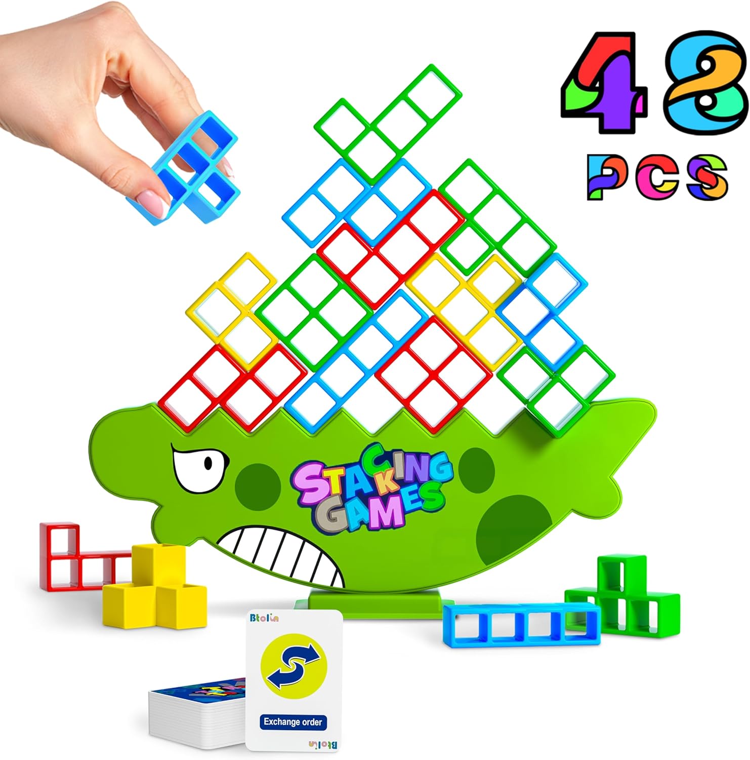 Btolin 48 Pcs Tetra Tower Stack Attack Blocks Game, Family Board Games, Balance Stacking Game for 2 Players+, Kids & Adults Team Building Toys