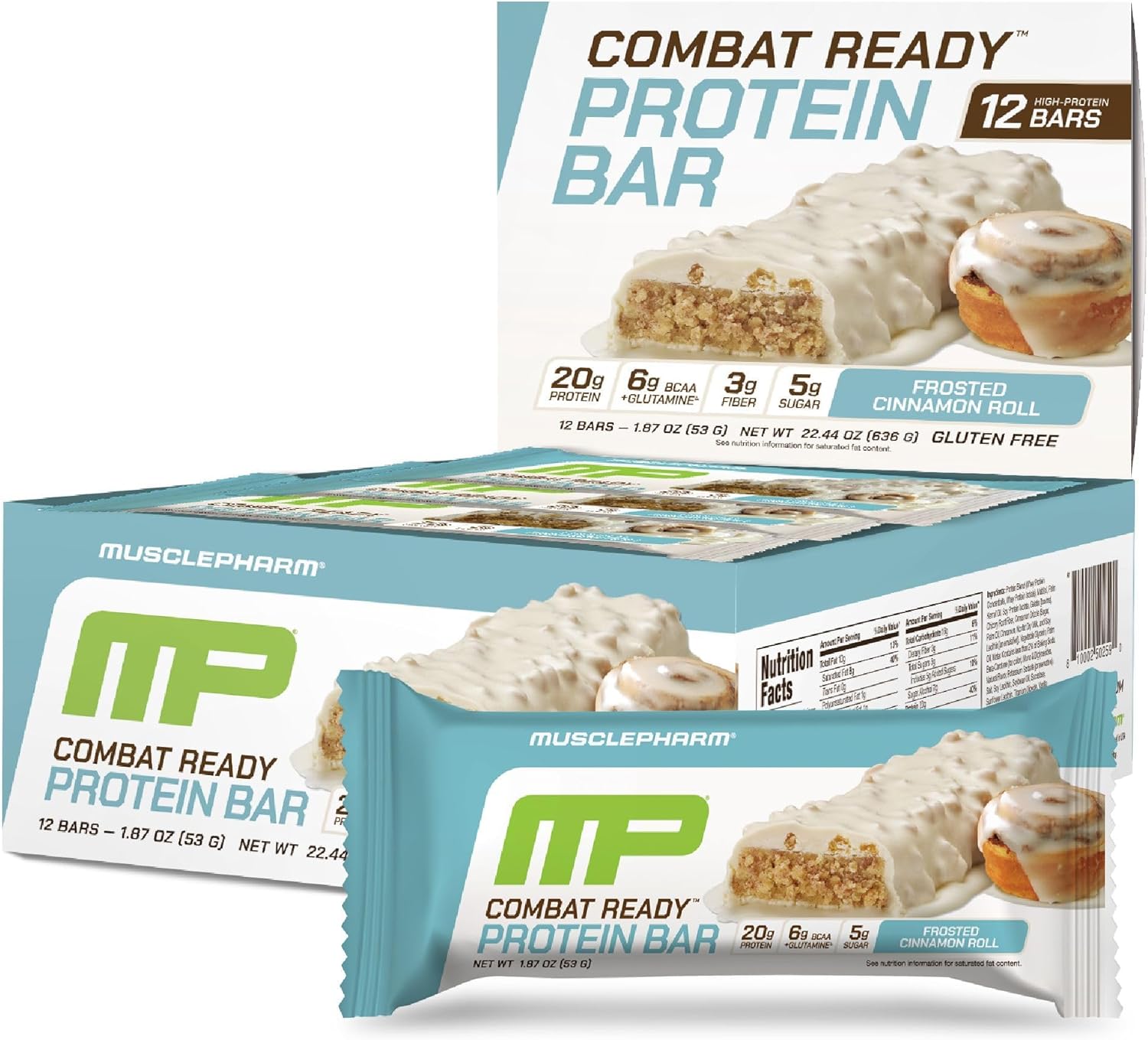 MusclePharm Combat Ready Protein Bar, Cinnamon Roll High Protein Bars, Combat Cravings, Fuel Performance & Meet Energy Demands, 20g Protein from Whey Protein, 3g Fiber, Gluten Free, 12 Bars