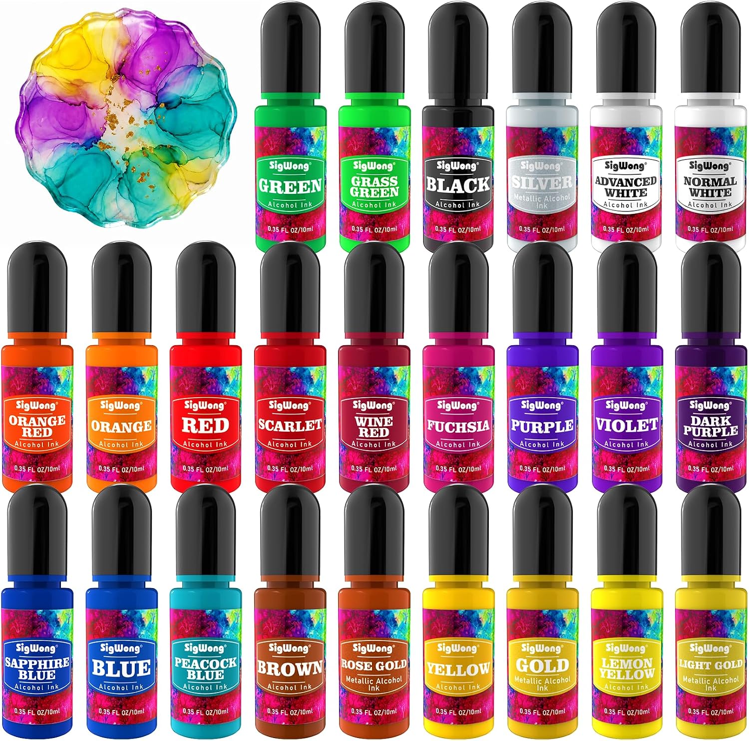 Alcohol Ink Set - 24 Bottles Vibrant Colors High Concentrated Alcohol-Based Ink, Concentrated Epoxy Resin Paint Colour Dye Great for Resin Petri Dish, Coaster, Painting, Tumbler Cup Making(10ml Each)