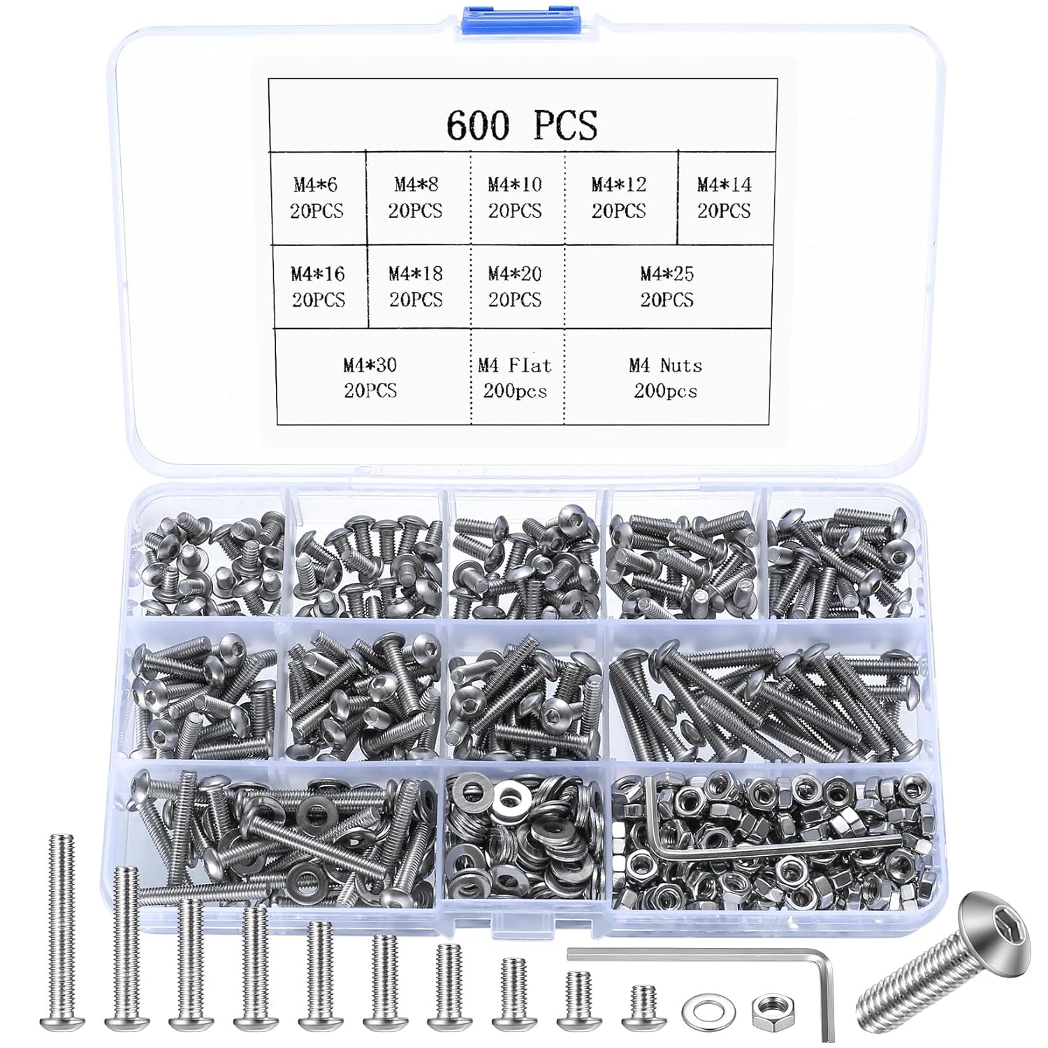 600 Pcs M4 Bolts Set, M4 Nuts and Bolts Set, Hex Socket Button Head Cap Screws and Nuts with Washers, Stainless Steel Hex Machine Screws Assortment Kit, Pan Head Bike Bolt Sets