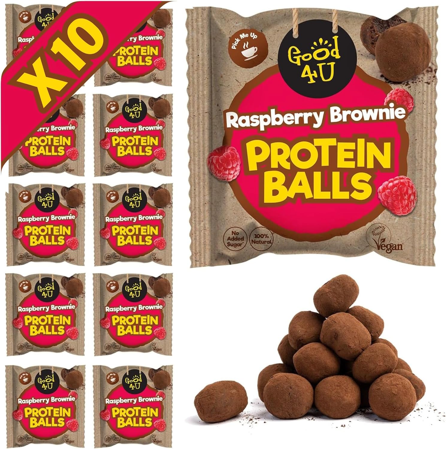 Good4U Raspberry Brownie Protein Ball-High Fibre with Low Sugar Alternative to Protein Bars Mixed with Nut-Healthy Protein Snack-Gluten Free 10 x 40g Pack