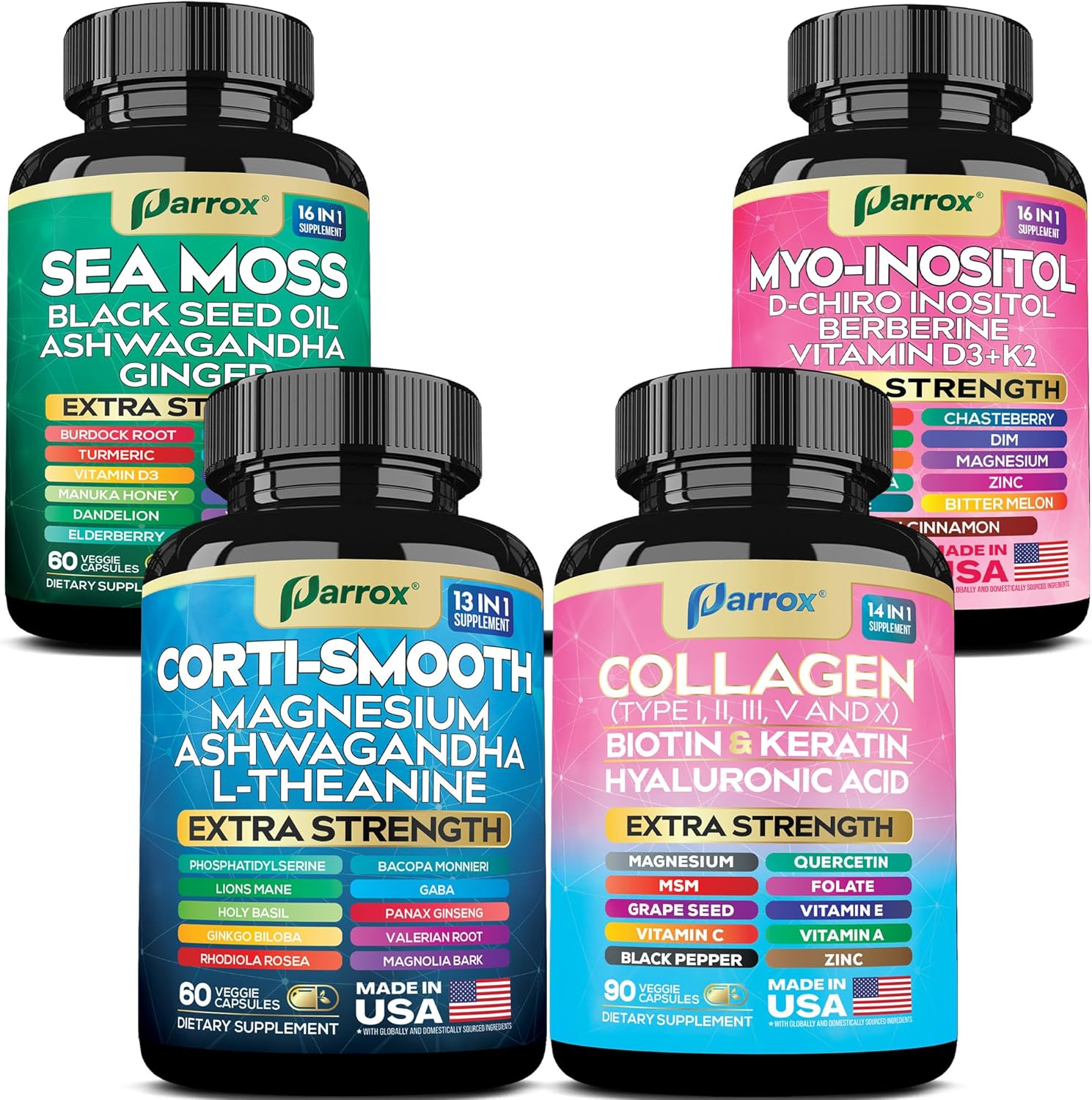 Cortisol, Myo-Inositol, Collagen + Sea Moss Bundle – 4-in-1 Women’s Wellness Stack with Ashwagandha, DIM, Biotin, Collagen Peptides I–V, Black Seed Oil, Turmeric, Vitamin C, and Magnesium