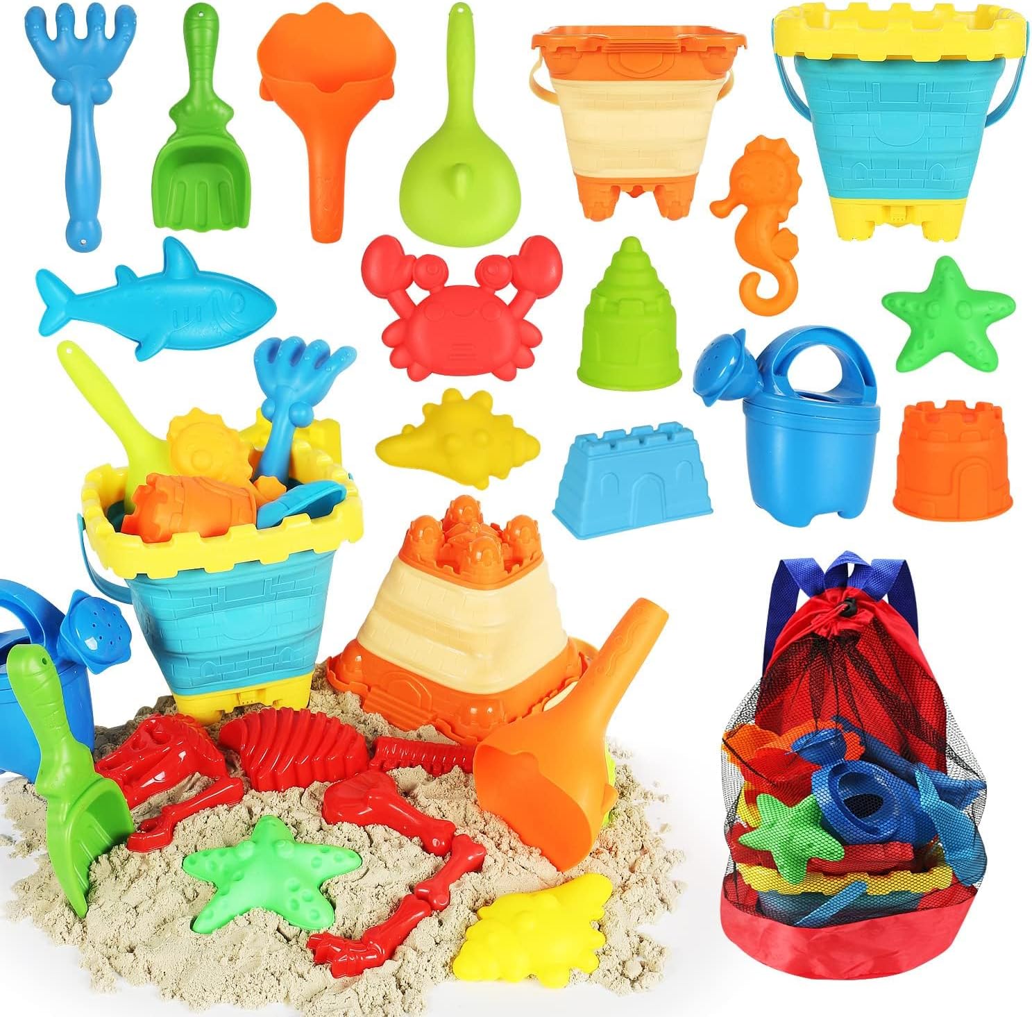 Beach Sand Toys, 24Pcs Sand Pit Toys with 2 Collapsible Buckets and Spade, Mesh Backpack Bag, Sand Molds and Watering Can, Summer Outdoor Toys for Kids Toddlers Boys Girls