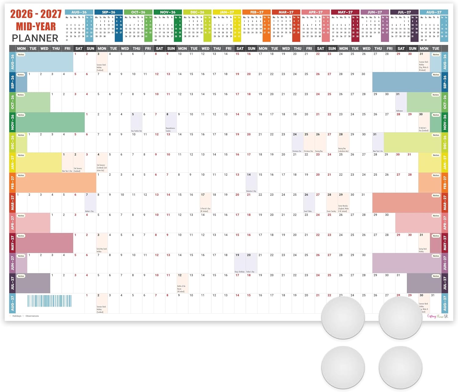 Giftinghouse A2 Academic Wall Planner 2026/2027 59.4 x 42 cm Laminated Multi-colored – Mid Year Wall Planner 2026-2027 – August 2026 to August 2027 UK with Holidays