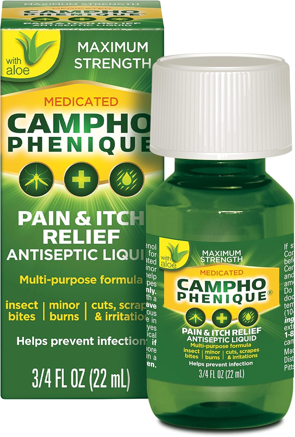 Campho Phenique Maximum Strength Antiseptic Liquid, Pain Relief and Anti-Itch Treatment, Provides Instant Relief From Bug Bites, Minor Cuts and Skin Irritations, 0.75 Oz