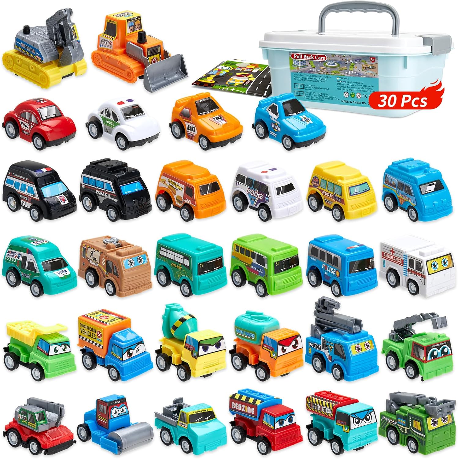 30 Piece Pull Back Toys Cars Set w/Toy Storage Case and Map, Car Toys for 3 4 5 6 Year Old Kids Boys Girls, Lucky Dip Prizes/Classroom Rewards/Party Bag Fillers for Kids, Christmas Birthday Gifts