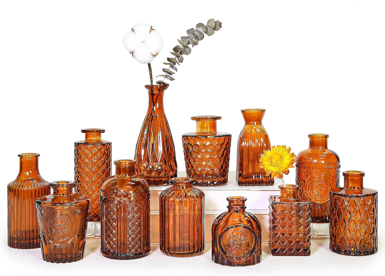 12Pcs Glass Bud Vase Set, Small Dark Brown Flower Vase for Centerpieces, Bud Vases in Bulk, Mini Vintage Vase for Rustic Wedding Decorations（Amber）