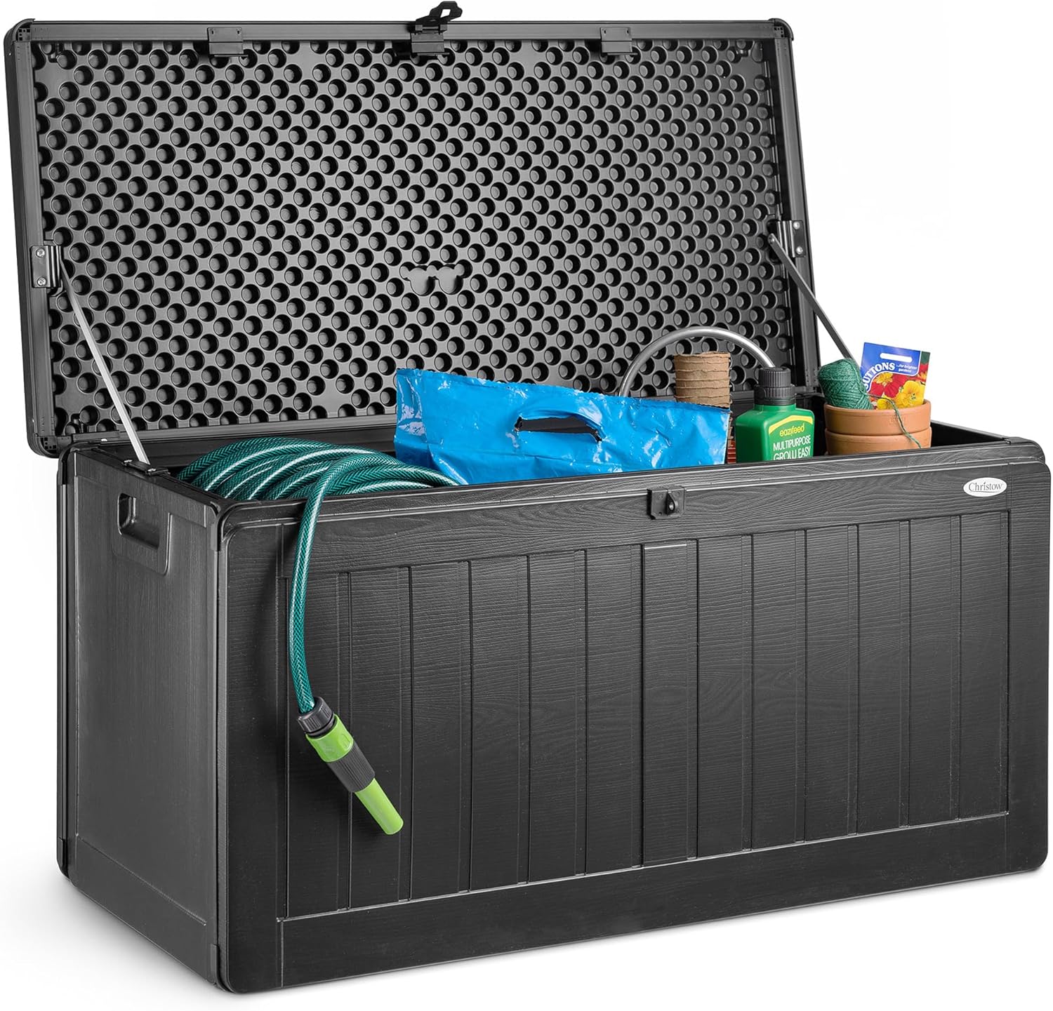CHRISTOW Waterproof Garden Storage Box With Lockable Lid, Plastic Wood Effect Outdoor Storage Box, Aluminium Hinges, 190L