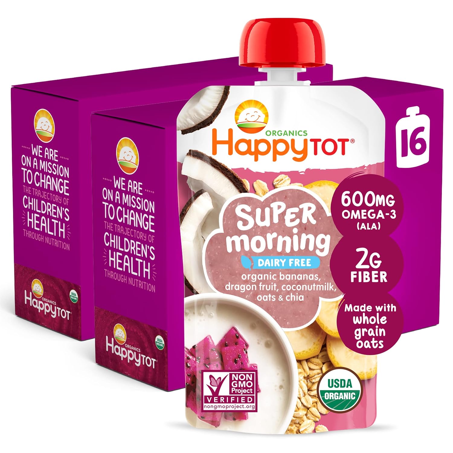 Happy Tot Organics Stage 4 Baby Food Pouches, Gluten Free, Vegan & Dairy Free Snack, Super Morning Fruit & Oat Blend, Bananas, Dragon Fruit, Coconutmilk, Oats & Chia, 4 Oz (Pack of 16)