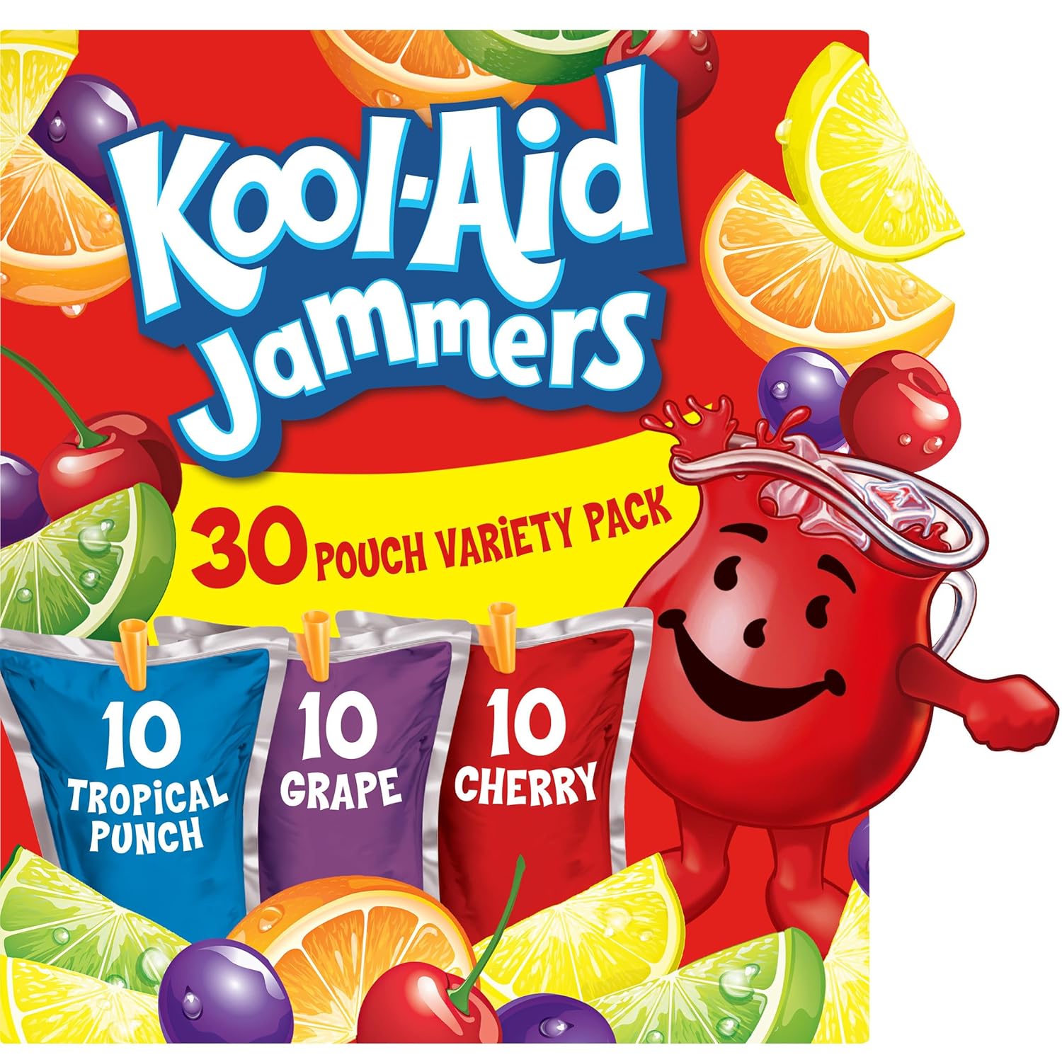 Kool-Aid Jammers Tropical Punch, Grape & Cherry Flavored 0% Juice Drink Variety Pack, 30 ct Box, 6 fl oz Pouches