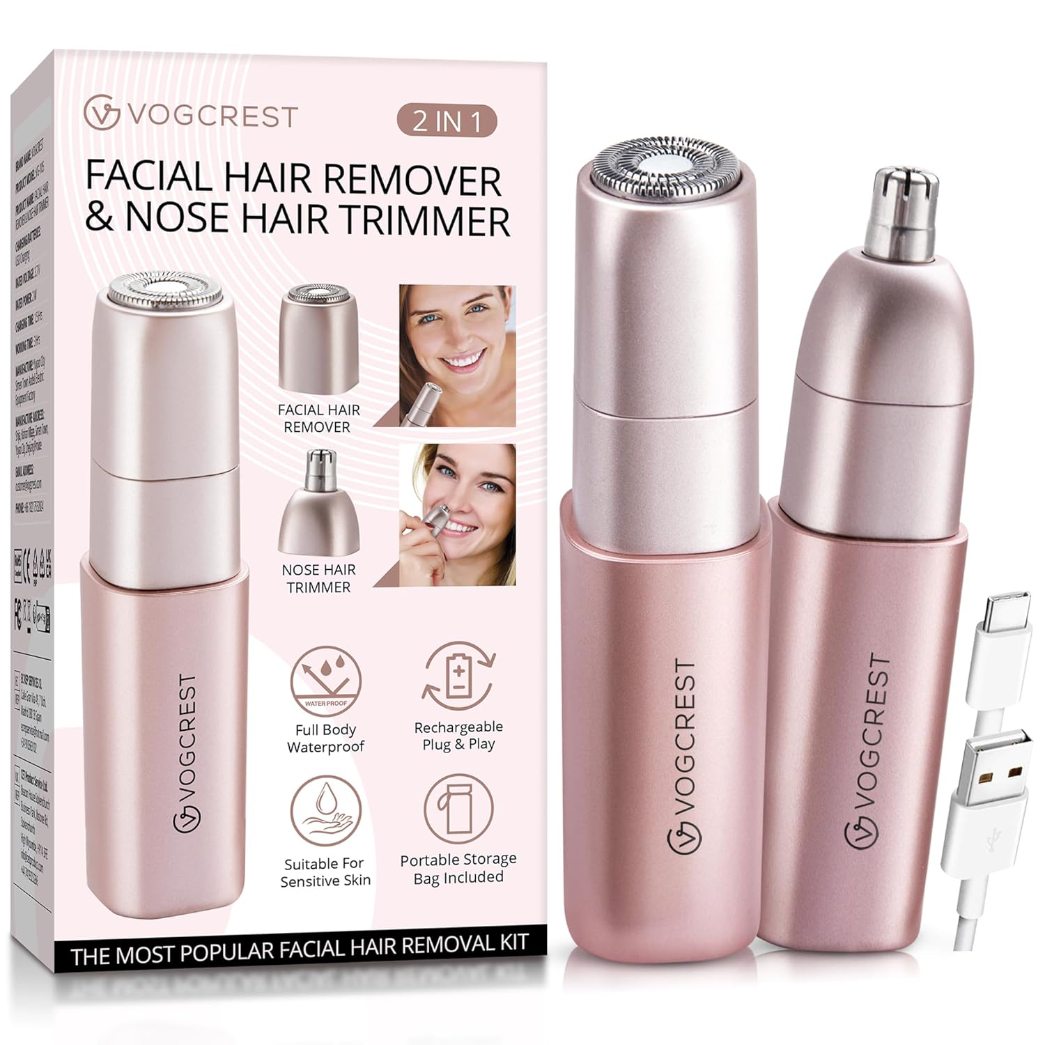 Facial - Nose Hair Remover Women: 2 in 1 Painless Electric Face Shaver and Nose Trimmer - Rechargeable Hair Removal Tool for Face Nose Ear Peach Fuzz Lips Chin