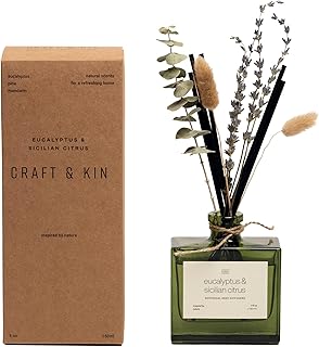 Craft & Kin Reed Diffuser Set with Dried Flowers, 5 oz Eucalyptus & Sicilian Citrus​ Scented Reed Diffuser with Sticks, Scented Sticks Diffuser, Elegant Home Decor & Office Decor