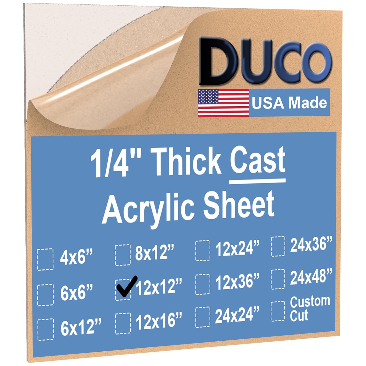 Duco USA-Made Clear Cast Acrylic Sheet 1/4 Inch Thick 12" x 12" - 1 Pack of Transparent Plexiglass Sheet - Lightweight Acrylic Board for Window Replacements, Displays, Signs, and More