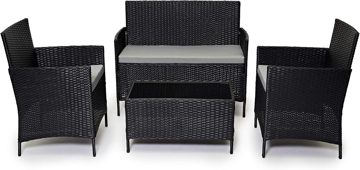 EVRE Black Rattan Garden Furniture Set Patio Conservatory Balcony Indoor Outdoor 4 Seater Piece Glass Top Coffee Table Modular Sofa Loveseat with Cushions
