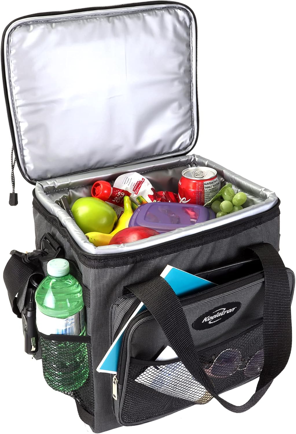 Koolatron Electric Portable Cooler Plug in 12V Car Cooler Bag, 14 qt (13 L) Black/Gray Soft-Sided Portable Car Fridge w/DC Power Cord, Adjustable Shoulder Strap, Cord Storage, Road Trip.