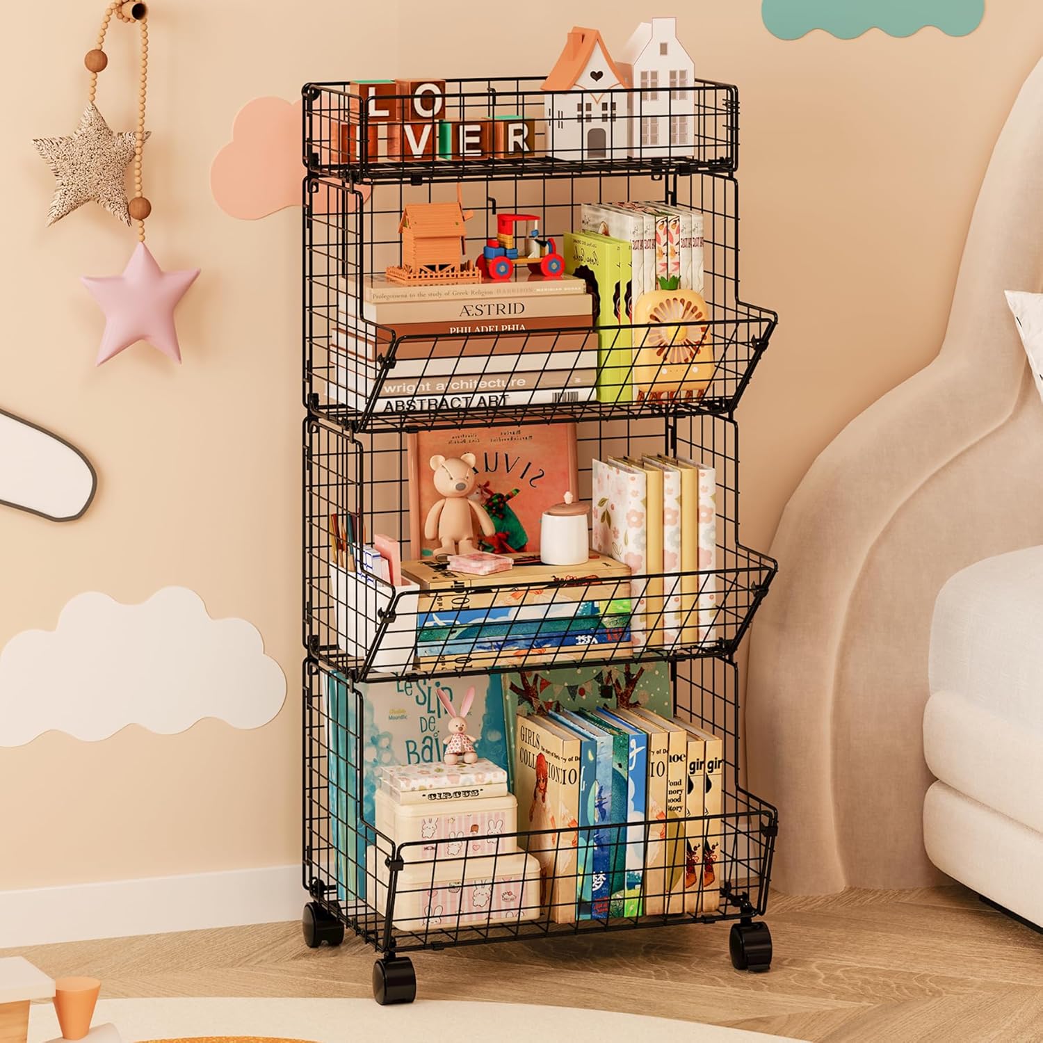 Bath Toy Storage Organizer, 4 Tier Rolling Outdoor Toy Storage, Wire Toy Organizer Kids Bookshelf for Playroom Bedroom (Black, Extra Large)
