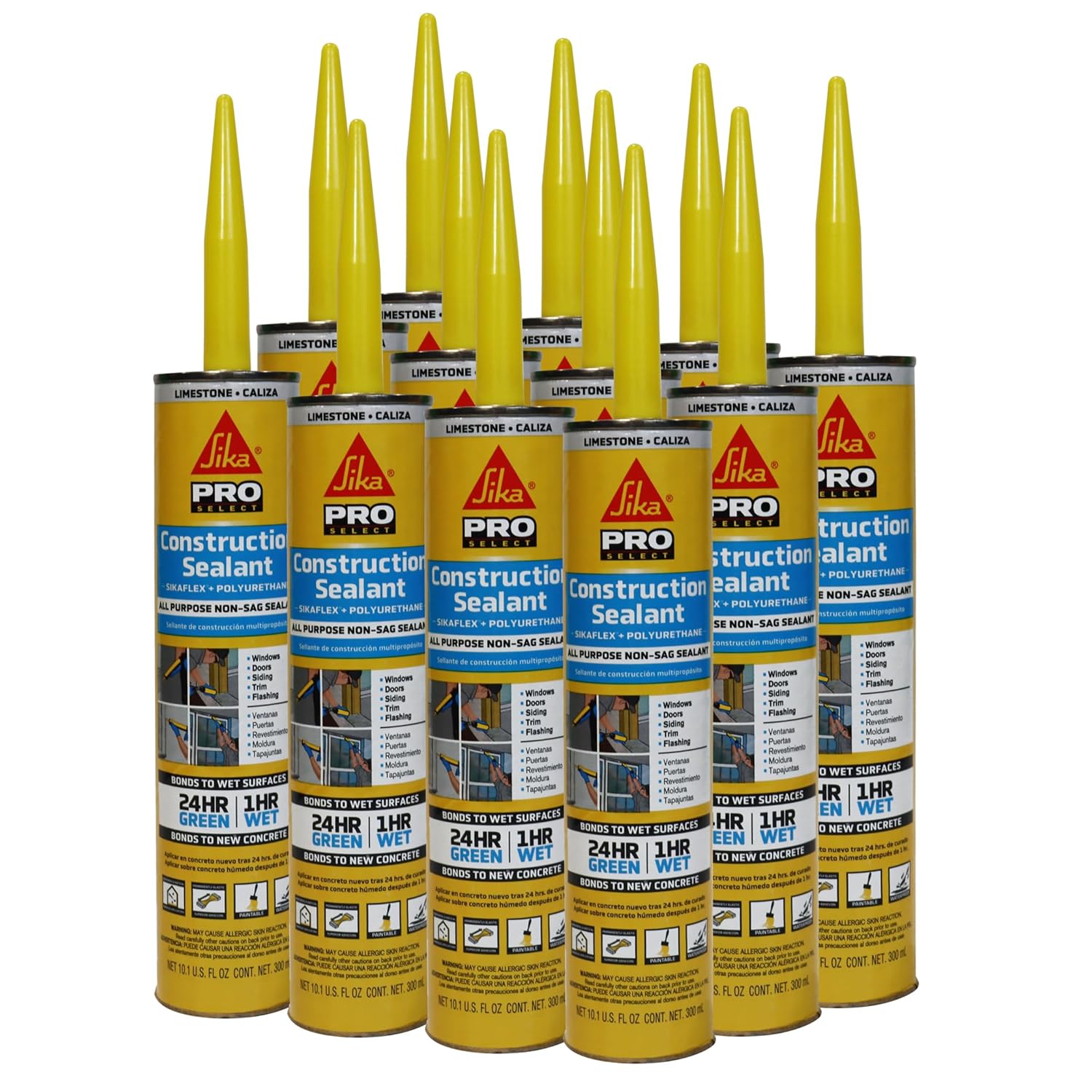 SIKA Sikaflex Construction Sealant, 12-Pack, 10.1 fl oz, Limestone – All-Purpose Polyurethane for Joints 1/2" or Smaller, Strong, Weatherproof, Paintable, Ideal for Masonry, Wood, Metal & Concrete