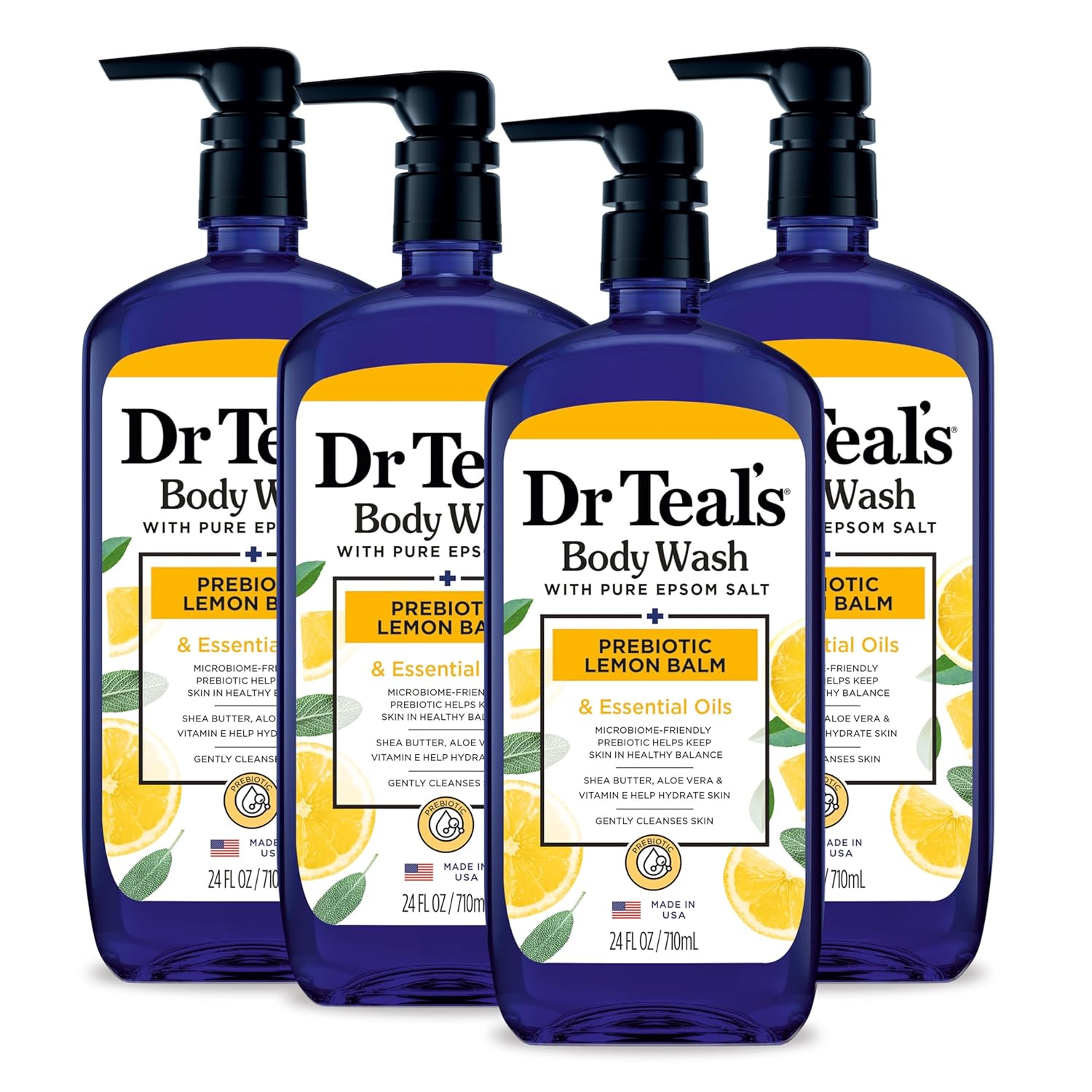 Dr Teal's Body Wash with Pure Epsom Salt, with Prebiotic Lemon Balm & Sage, 24 fl oz (Pack of 4)