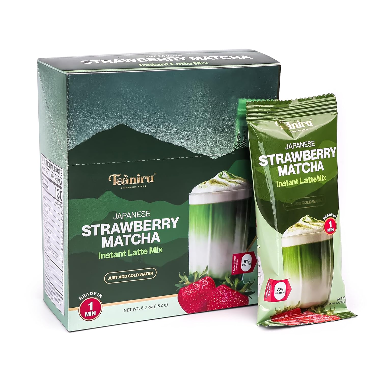 Teaniru, Japanese Strawberry Matcha - Instant Latte in Sachets | Protein - Powered Delight | Japanese Matcha | Rich in Vitamin C, Antioxidants & L-Theanine | 8 Sachets x 0.84 oz | Thanks Giving