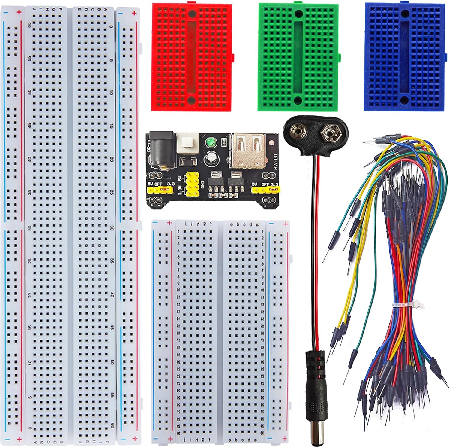 Breadboard Kit with 830-Tie-Point, 400-Tie-Point Boards, 3x170-Tie-Point Mini Boards, 65Pcs Flexible Wires, 9V DC Adapter for Arduino, IoT & STEM