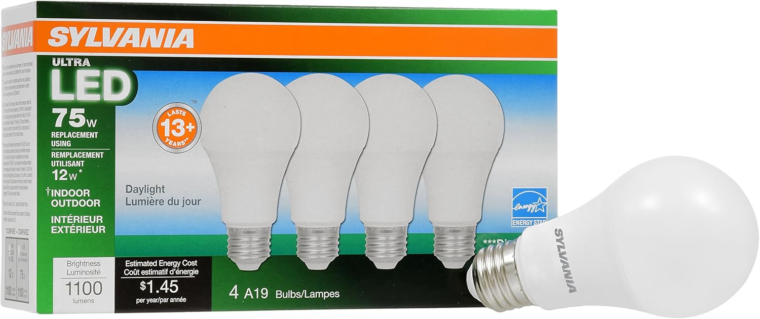 SYLVANIA A19 Ultra LED Light Bulb, 12W, 75W Equivalent, 13 Years, Dimmable, 1100 Lumens, 5000K, Daylight - 4 Pack (74429)