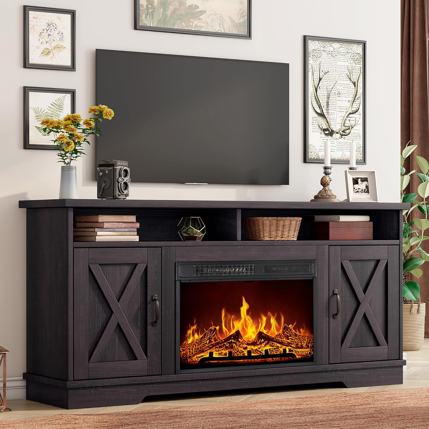 AMERLIFE Farmhouse TV Stand with 26" Fireplace, 63" Wood Rustic Entertainment Center with Fireplace and Barn Doors, Modern Media TV Console Cabinet with Adjustable Shelves, Dark Walnut & Wood