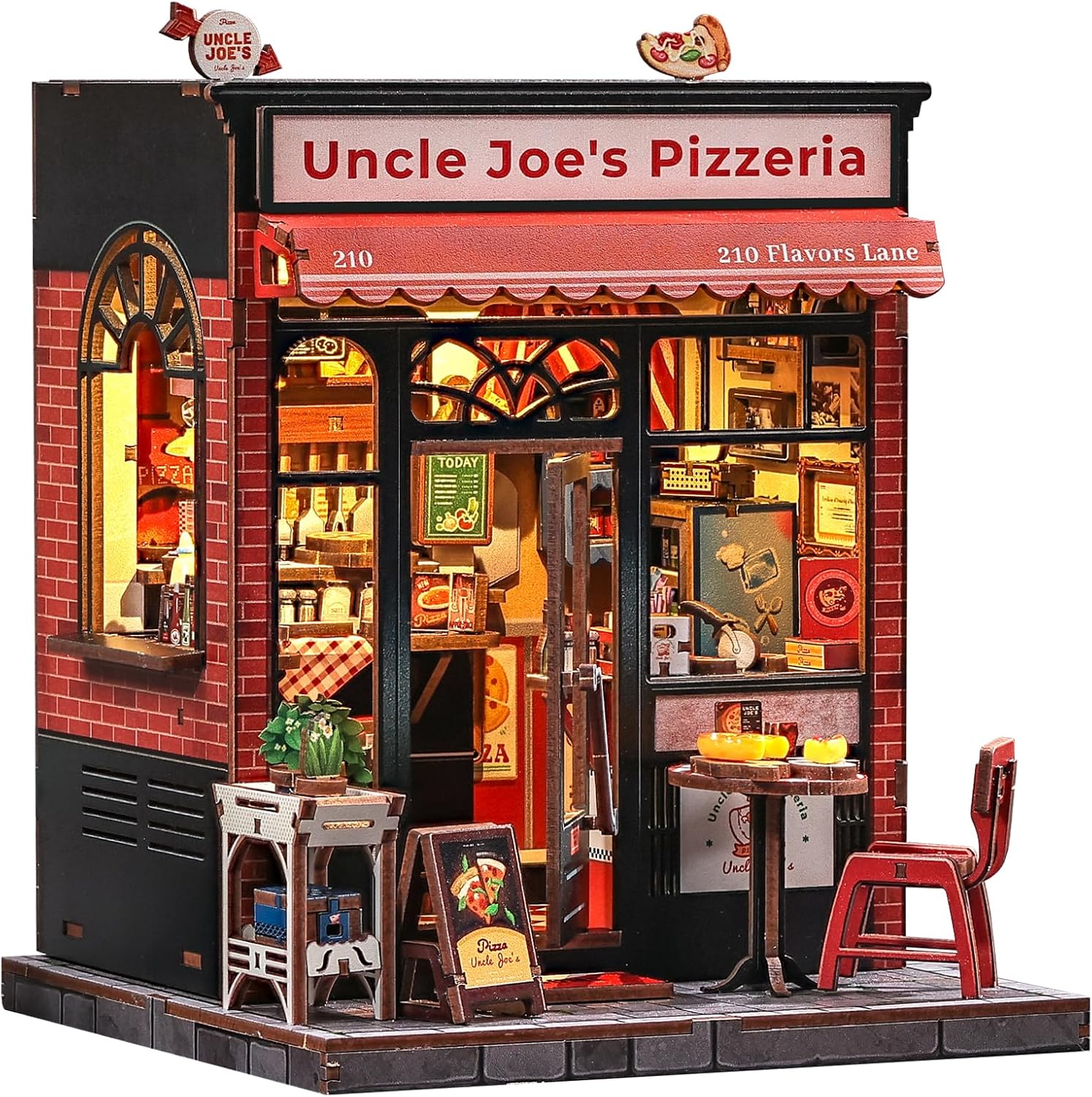 CUTEBEE Book Nook Kits For Adults - DIY Dollhouse Miniature with LED Light,3D Wooden Puzzle Bookend Bookshelf Decor,Gifts for Family and Friends（Uncle Joe's Pizzeria）