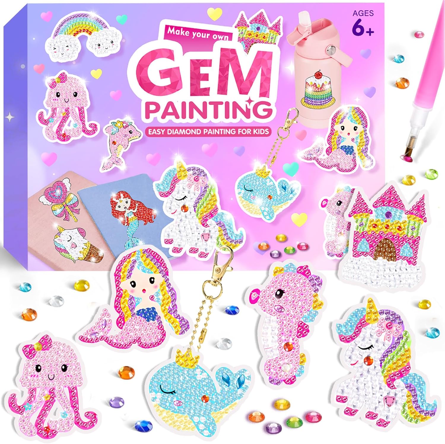 KAOHONG Arts and Crafts for Kids Age 6-12 Gifts for 6 7 8 9 10 Year Old Girls Make Your Own GEM Keychains 5D Gem Art Painting by Numbers Art Kits for Girls Kids Toddler
